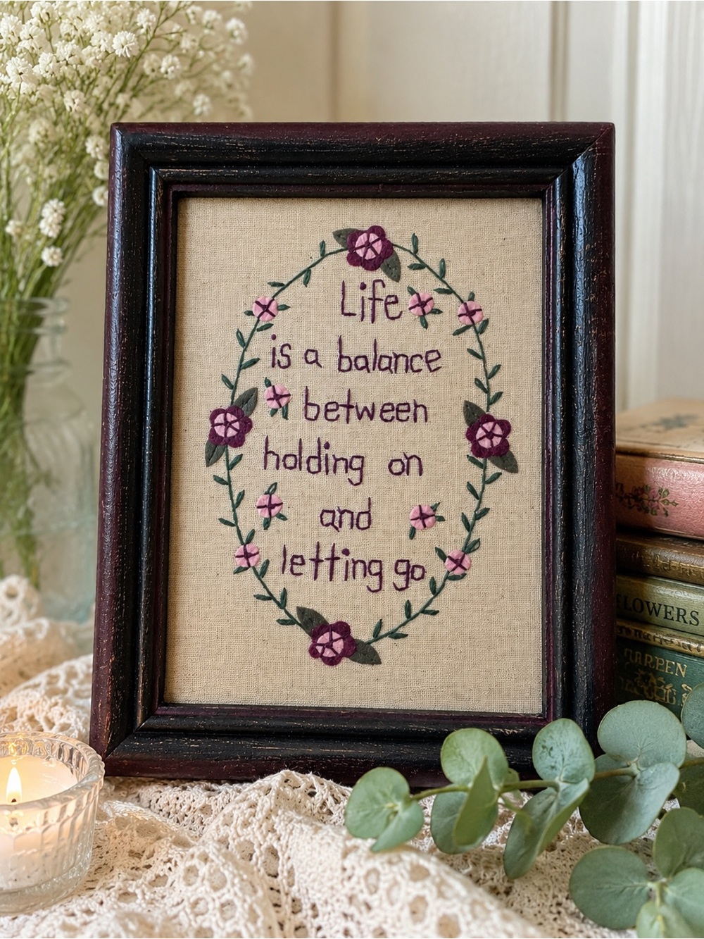 Life Quote Primitive Framed Stitchery Farmhouse Cottagecore Folk Art Wall Decor